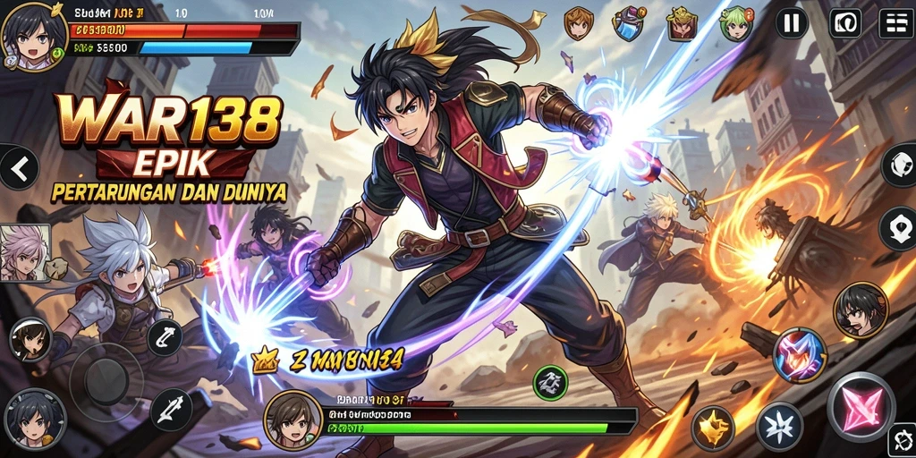 Tangkapan layar utama WAR138 menampilkan pertarungan karakter anime yang mendebarkan.